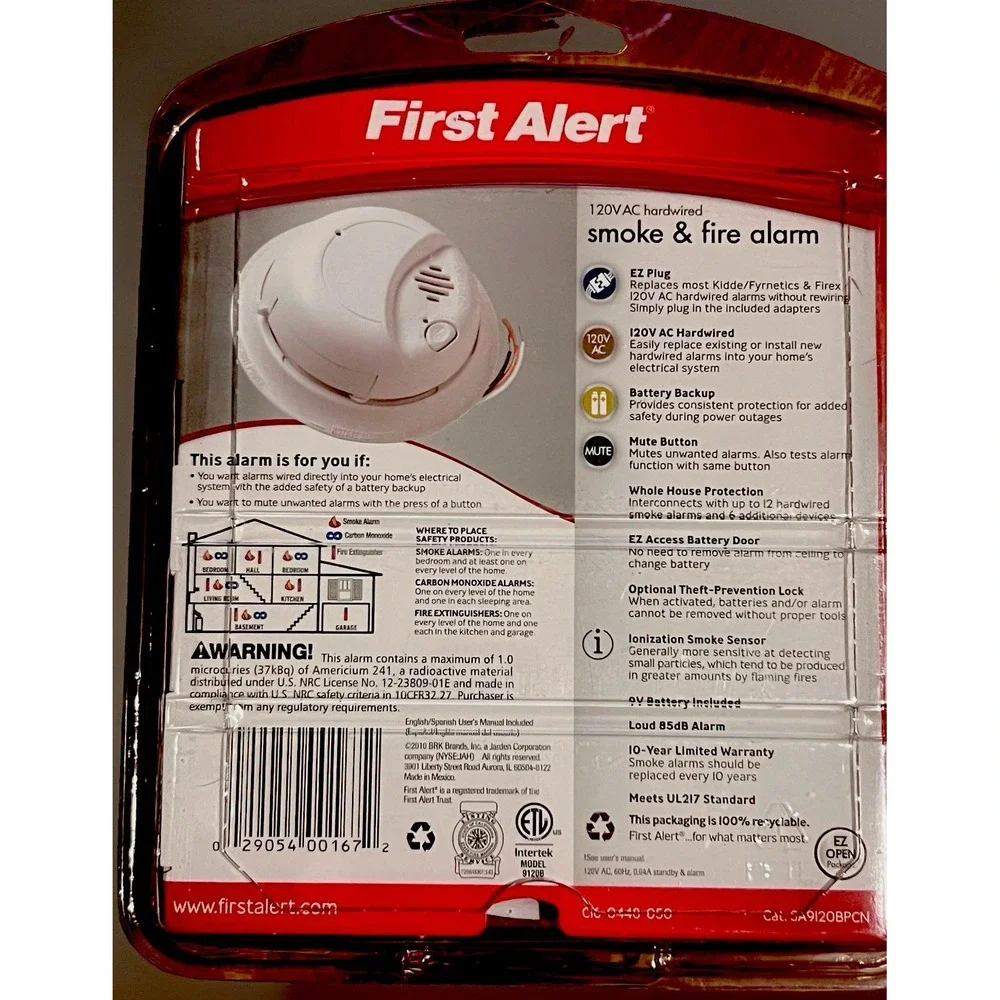 First Alert 9120BPCN Hardwired Smoke Fire Alarm 120V AC 9V Battery Backup NEW